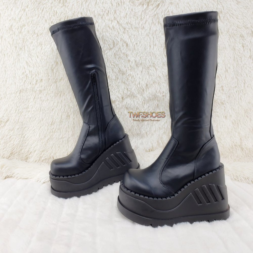 Stretch Platform Wedge Heel Knee Boots Goth Punk - Picture 8 of 9
